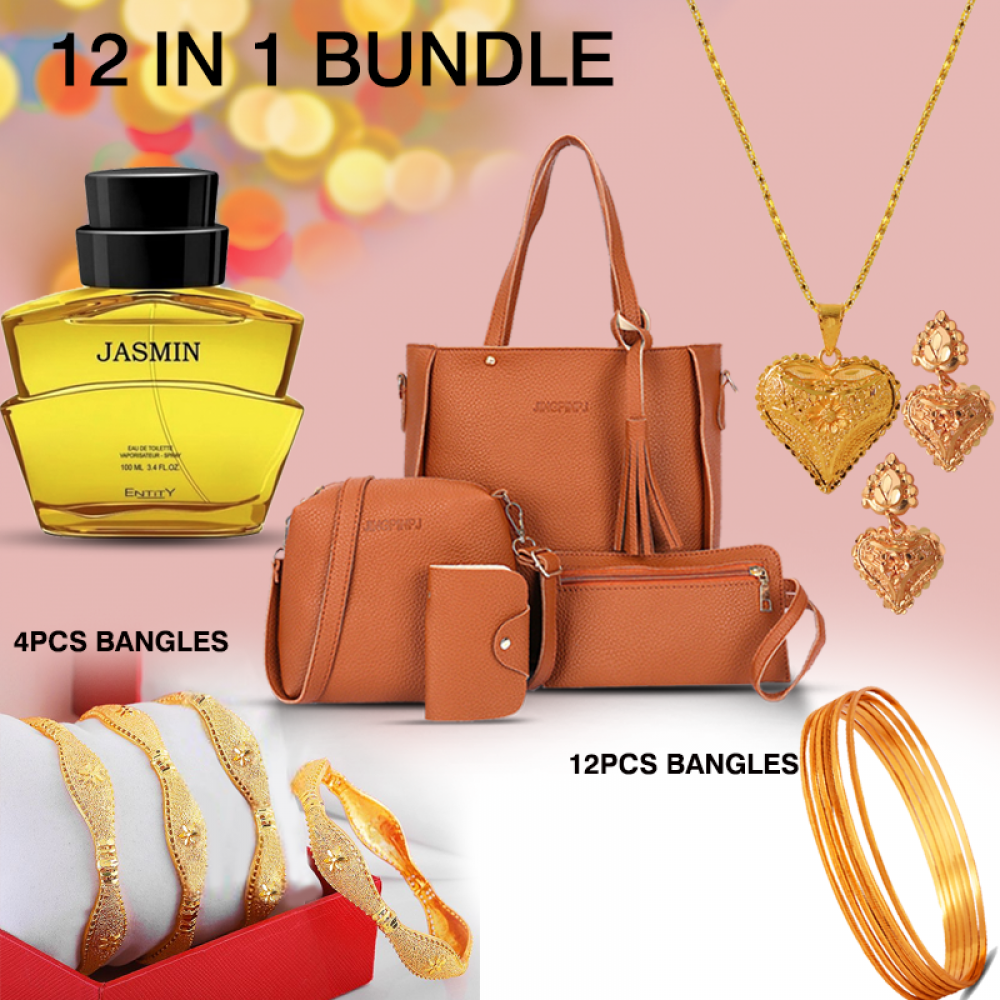 12 In 1 Bundle Offer, Fashion 4pcs Hand Bag, Nilanjan 18K Gold Plated Multi  Design 4Pcs